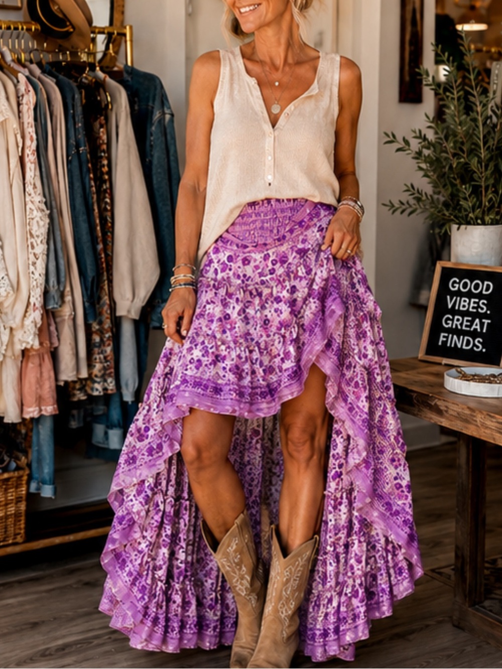 One of a kind 70% Silk Indian High Low Maxi Skirt Boho Ruffle Festival Western